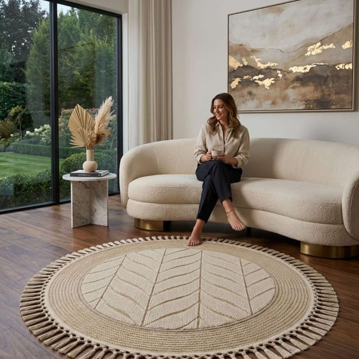 GENERICO - Alfombra Redonda Boho Chic 1m - Textura Hojas y Flecos
