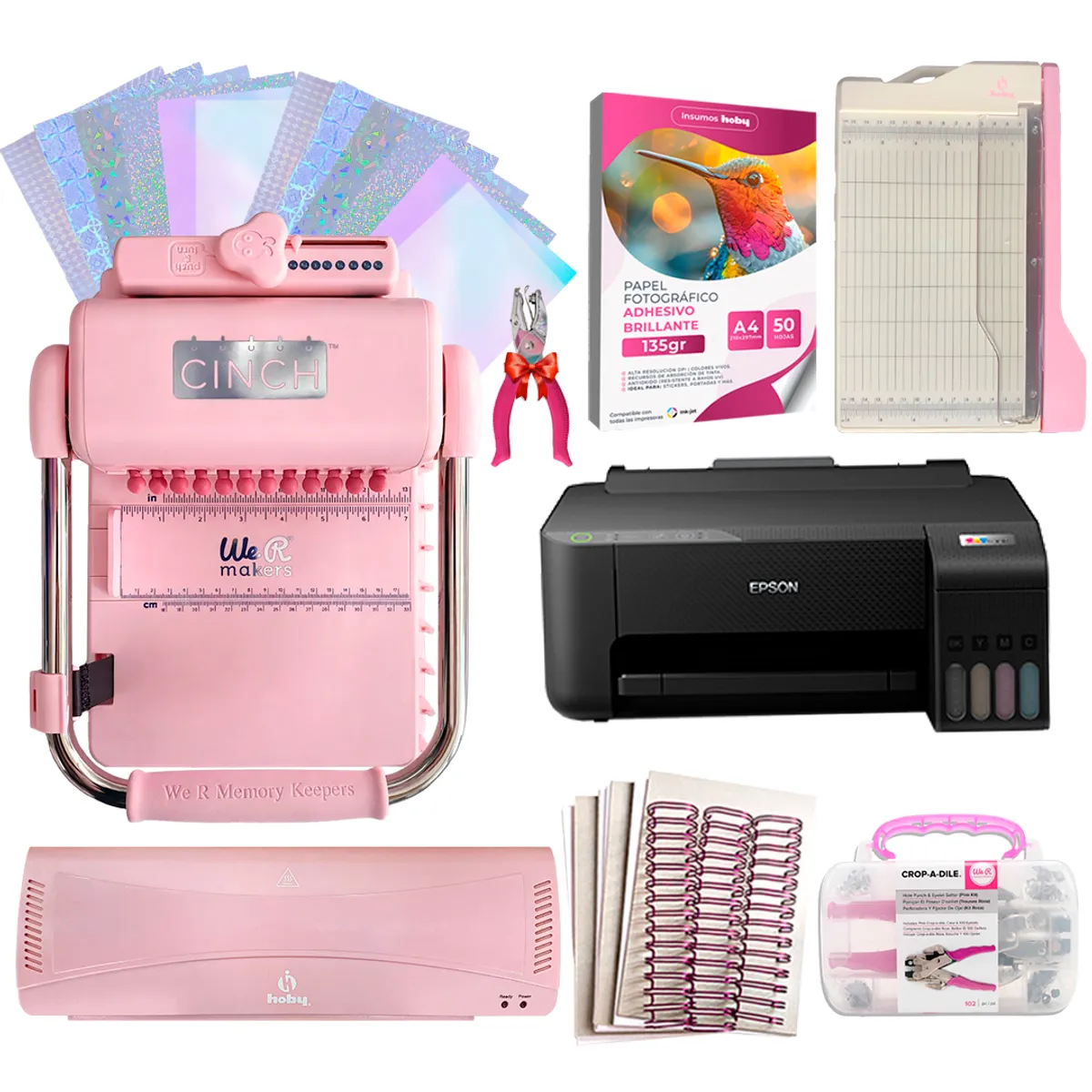 CINCH - Kit Mega Encuadernadora Cinch Pink + Impresora Epson + Laminadora y Crop-A-Dile + Mini Guillotina