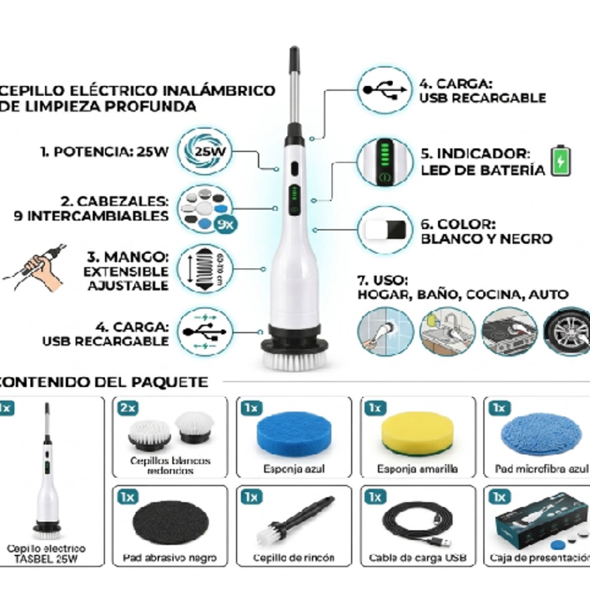 TASBEL - Cepillo Limpieza Electrico 9en1 25W Recargable Mango Extensible Bano Cocina Auto Hogar Multifuncion
