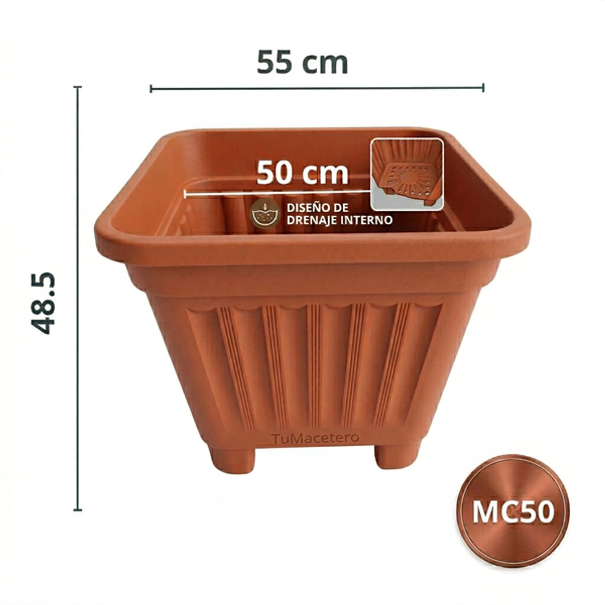 GENERICO - Macetero Plástico Cuadrado Terracota 50 cm