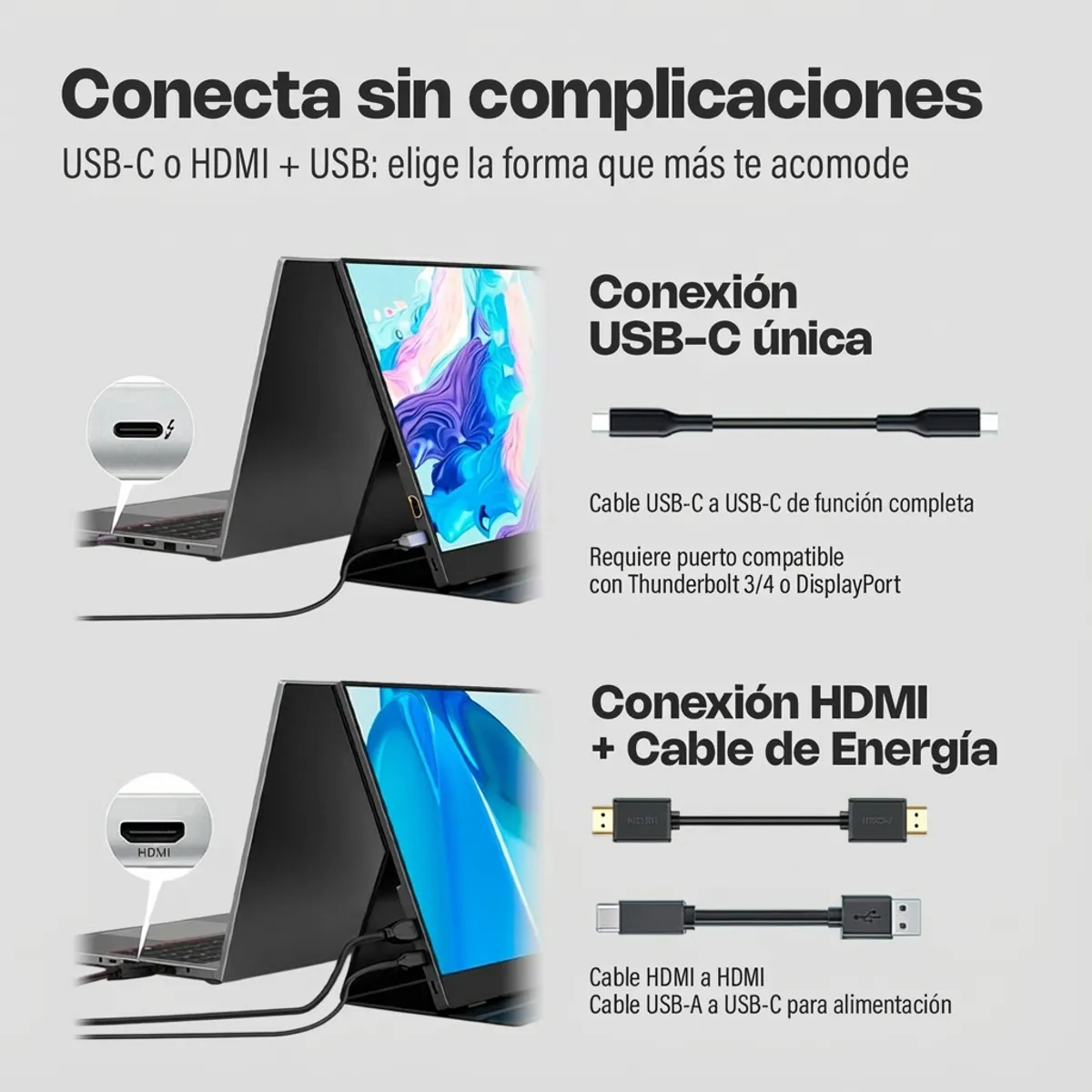 TECMIYO - Monitor portátil 15.6 Tecmiyo IPS Full HD USB-C HDMI FreeSync HDR10 60Hz