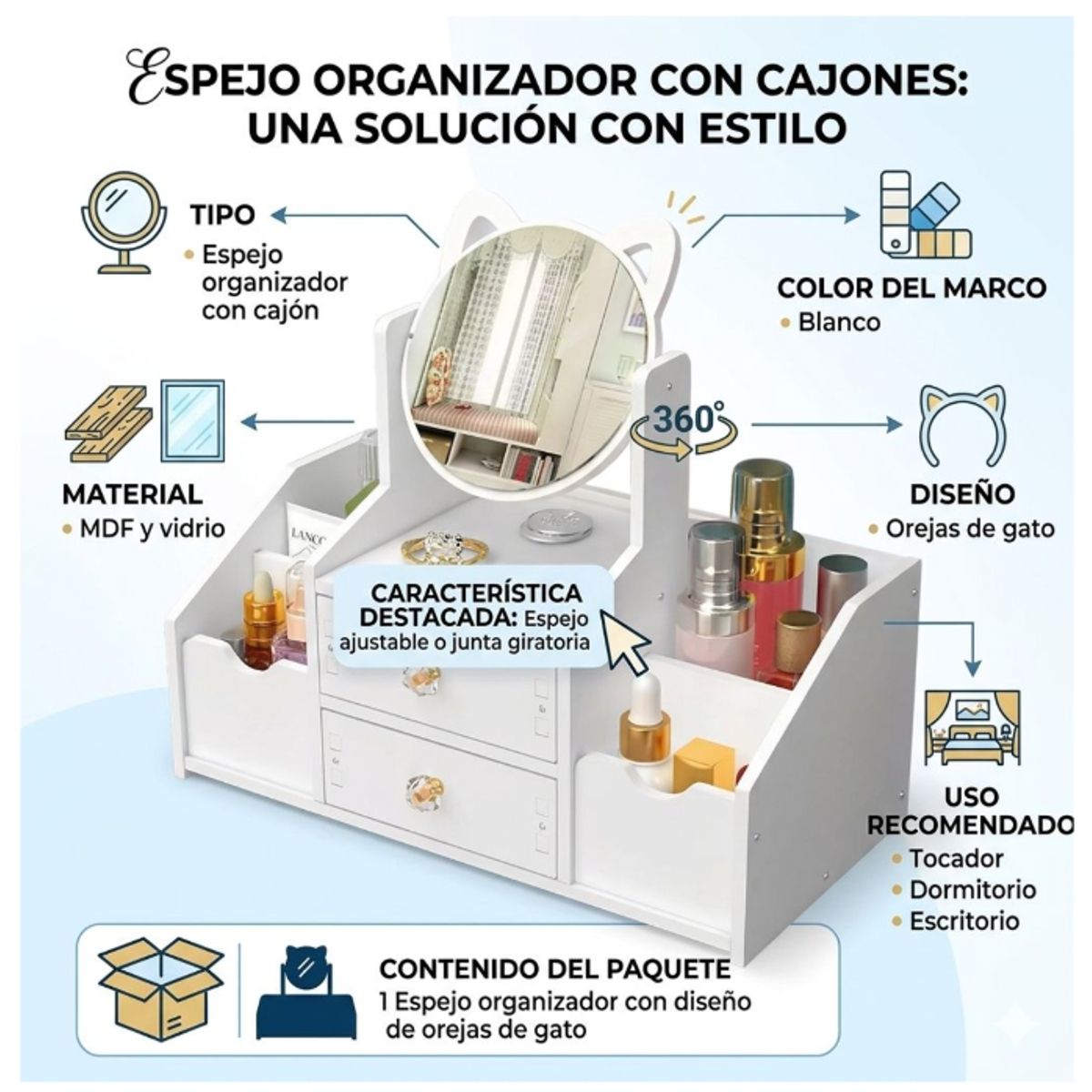 IRM - Espejo Tocador Organizador Orejas Gato con Cajon Ajustable Maquillaje Regalo Mujer Nina