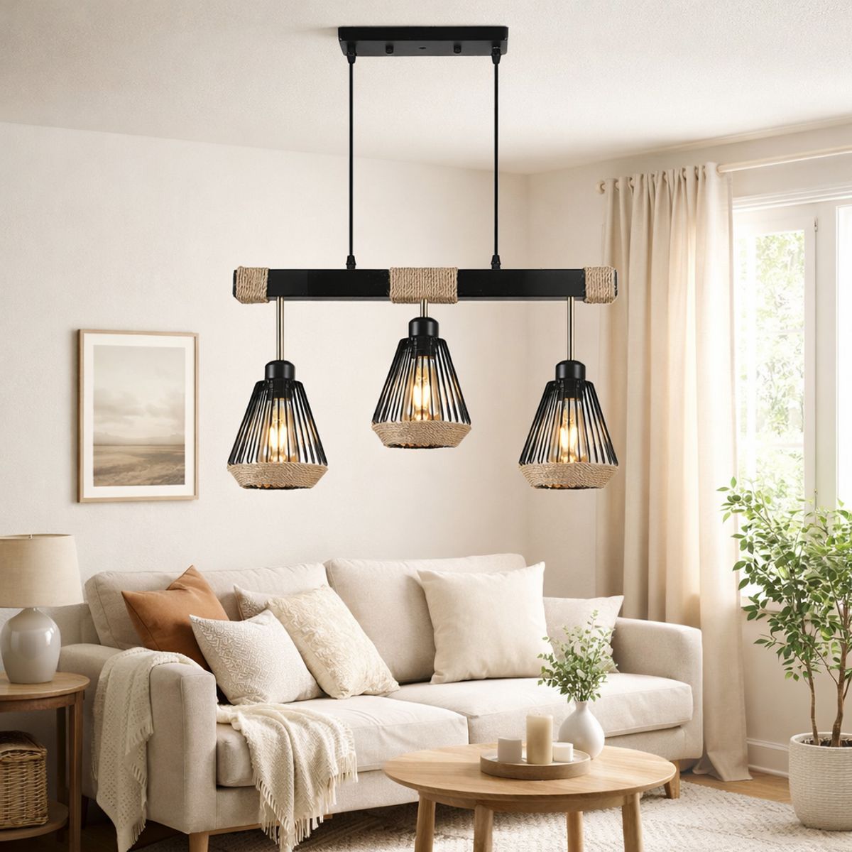 WANT - LAMPARA TRIPLE RUSTICA COLGANTE CAÑAMO