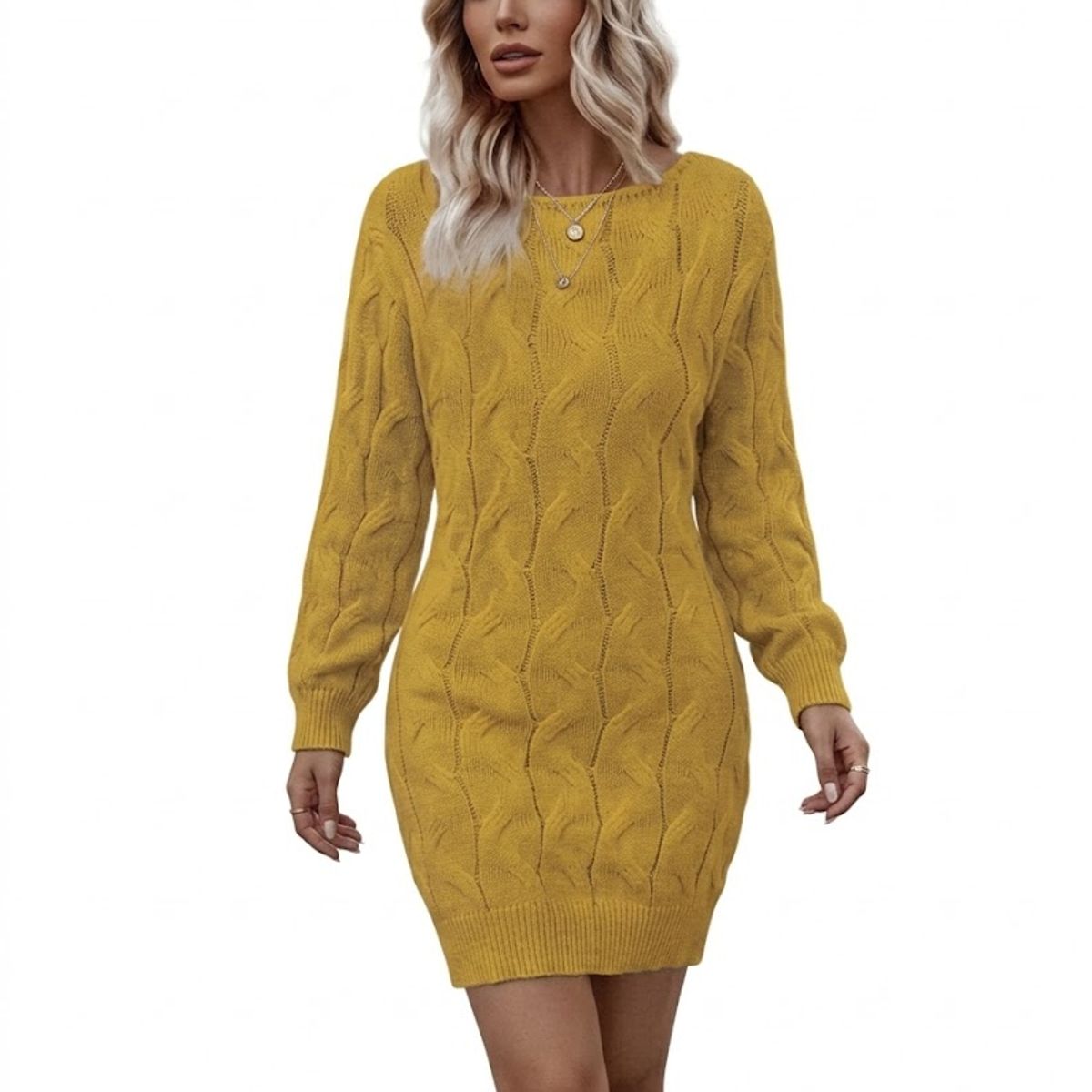 HAMI BOUTIQUE - Vestido de Invierno Lana Trenzada Amarillo