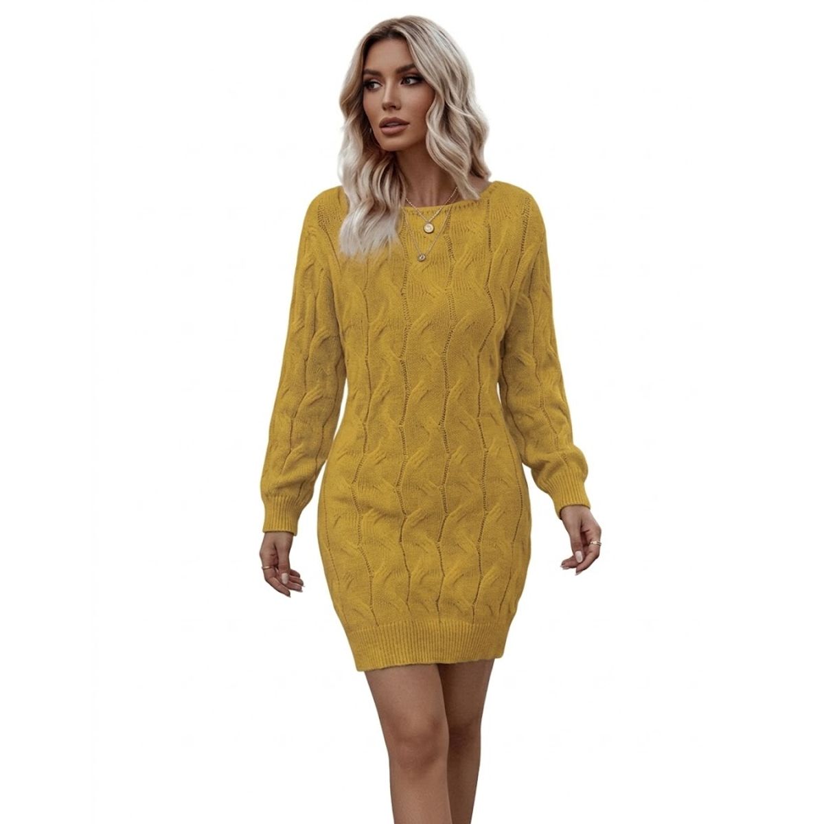 HAMI BOUTIQUE - Vestido de Invierno Lana Trenzada Amarillo