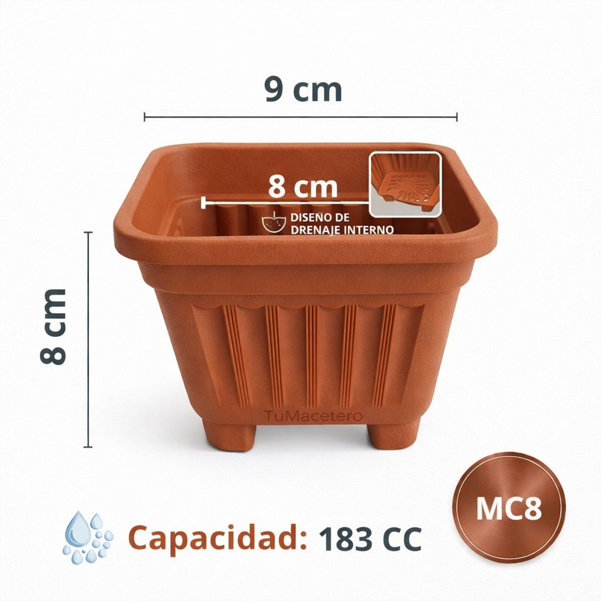 GENERICO - Pack 20 Maceteros Plástico Cuadrado Terracota 8 cm
