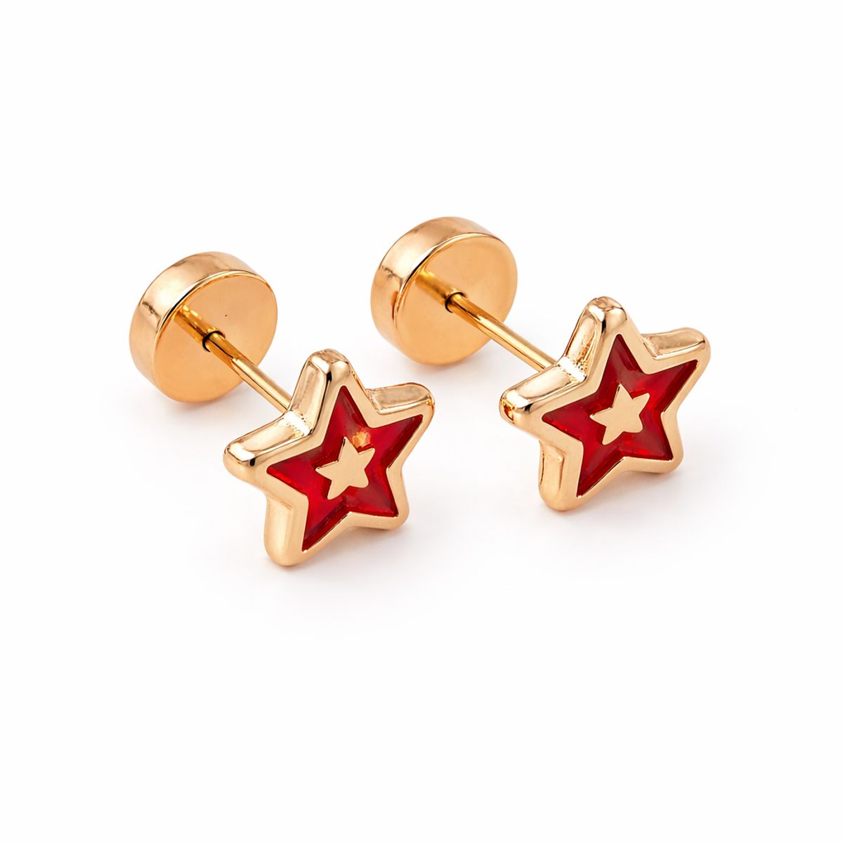 JIREH JOYAS - Aros Abridores Estrella Rojo 5mm Oro 14K A Presión Bebé Niña Hipoalergénicos