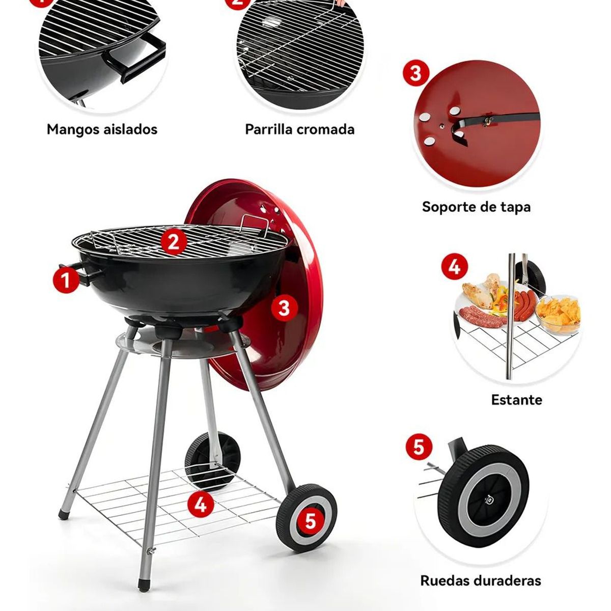 ALTERNATIVE - Parrilla a Carbón Portátil - Móvil 85 cm De Alto Redonda con Ruedas para Asados - Color Rojo