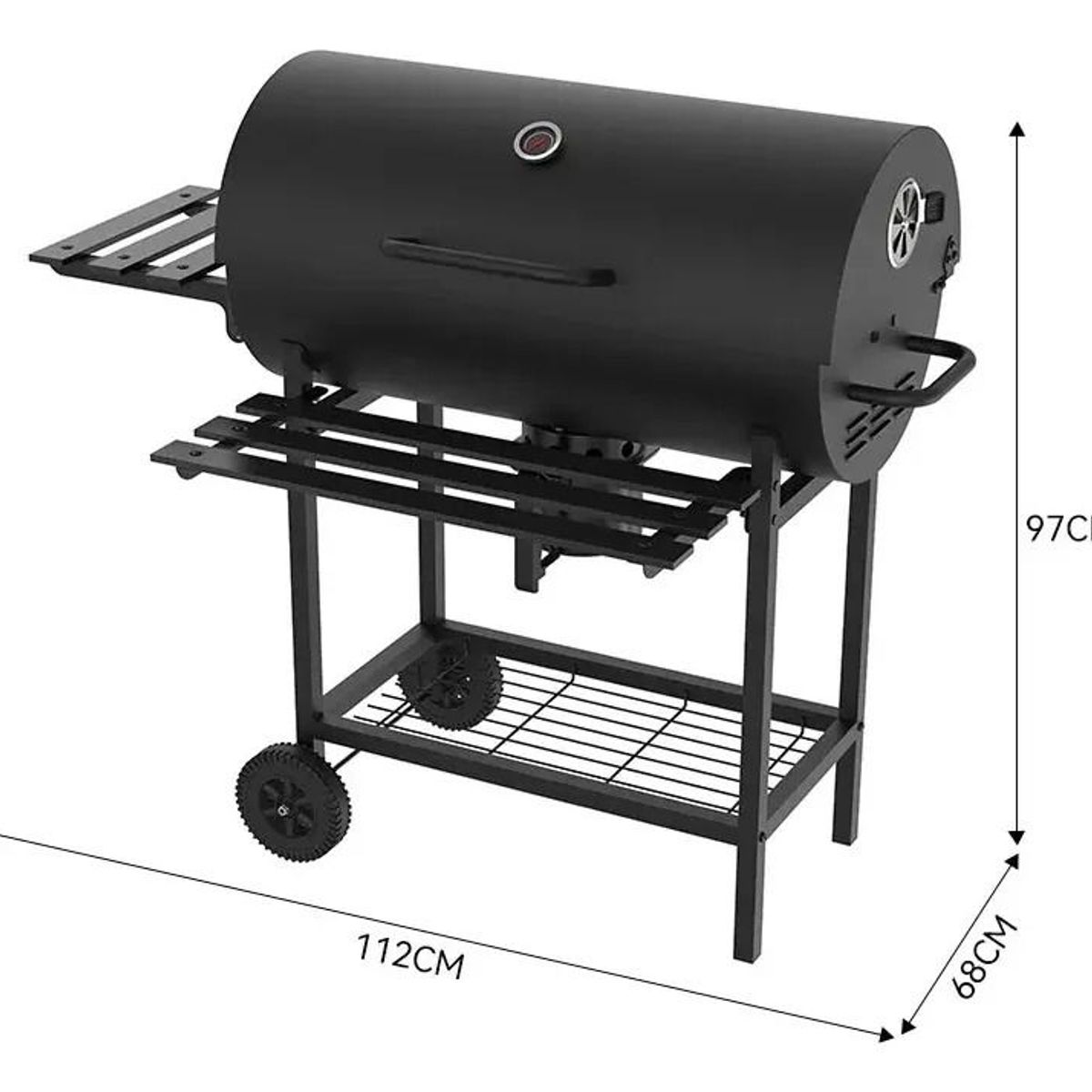 ALTERNATIVE - Parrilla Tipo Barril LORE Negra con Ruedas, Mesa Frontal y Amplia Zona de Cocción