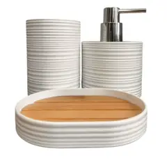 OEM - Set Juego De Baño 3 Piezas Bambu Jabon Dispensador Cepillo Blanco