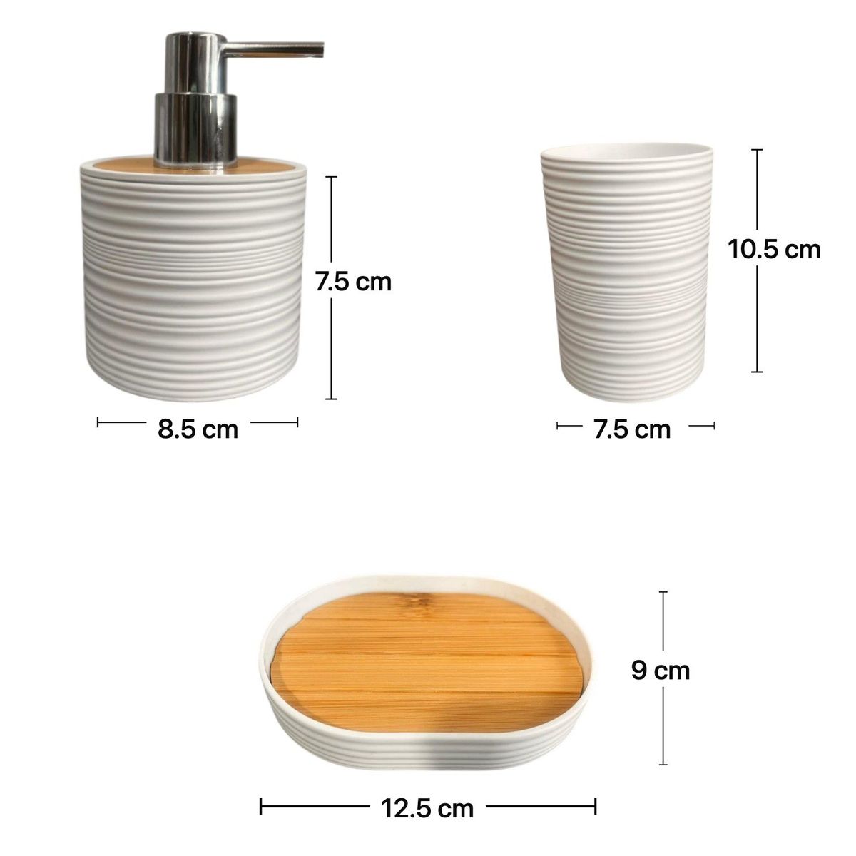 OEM - Set Juego De Baño 3 Piezas Bambu Jabon Dispensador Cepillo Blanco