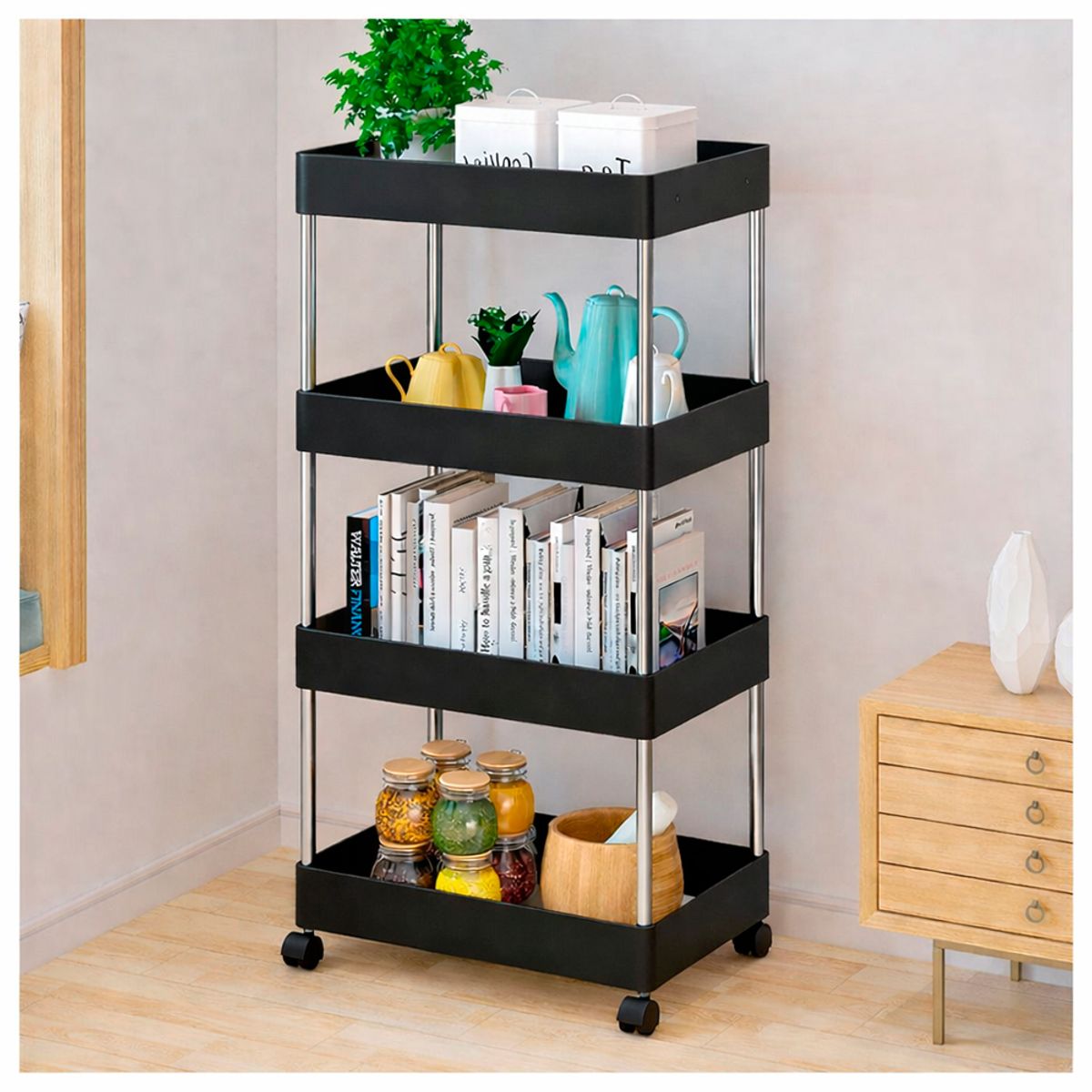 IRM - Carrito Organizador Baño 4 Niveles Con Ruedas Multifuncional XL Negro