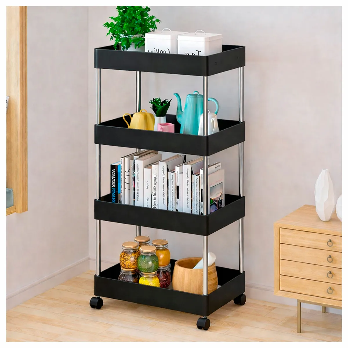 IRM - Carrito Organizador Baño 4 Niveles Con Ruedas Multifuncional XL Negro