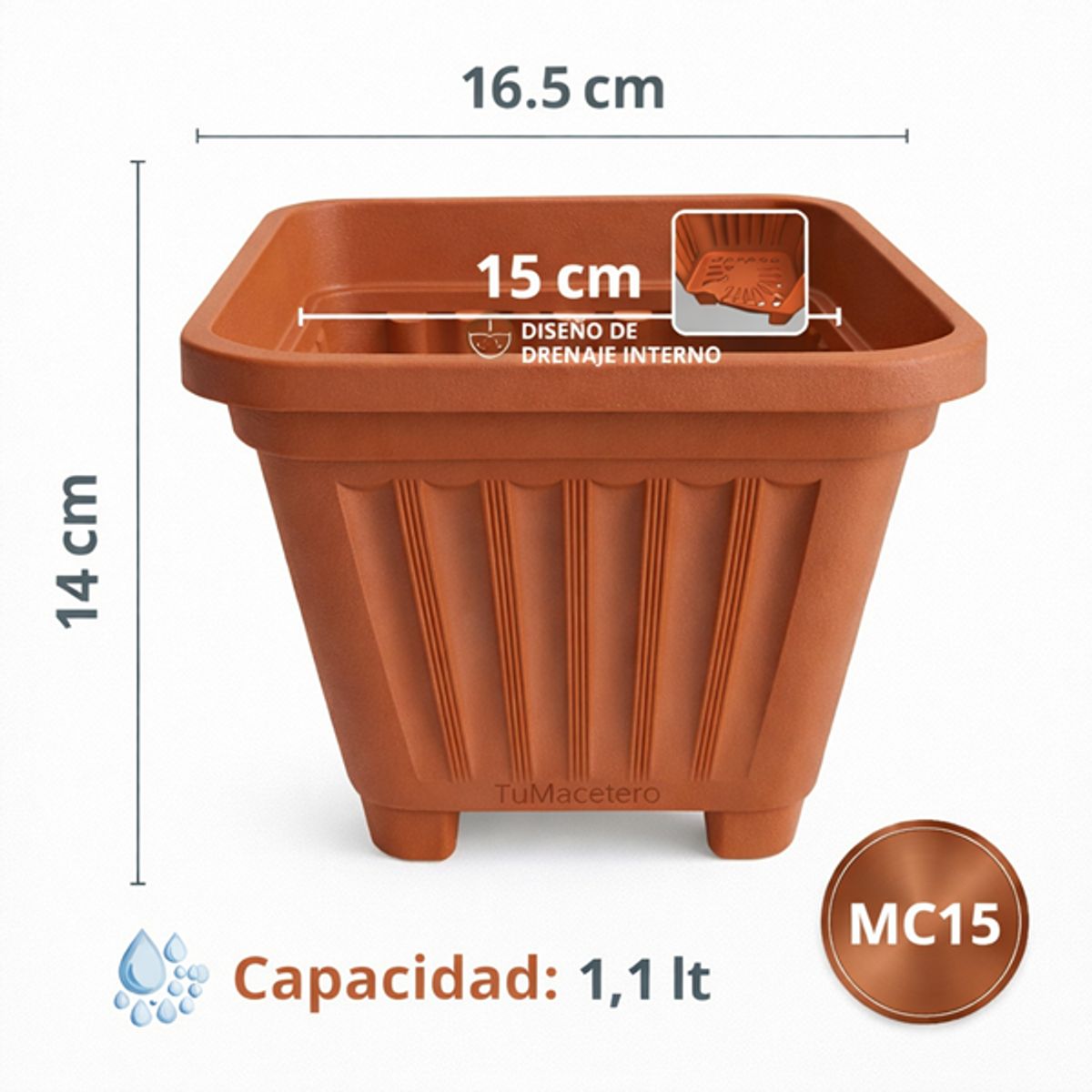 GENERICO - Pack 2 Maceteros Plástico Cuadrado Terracota 15 cm