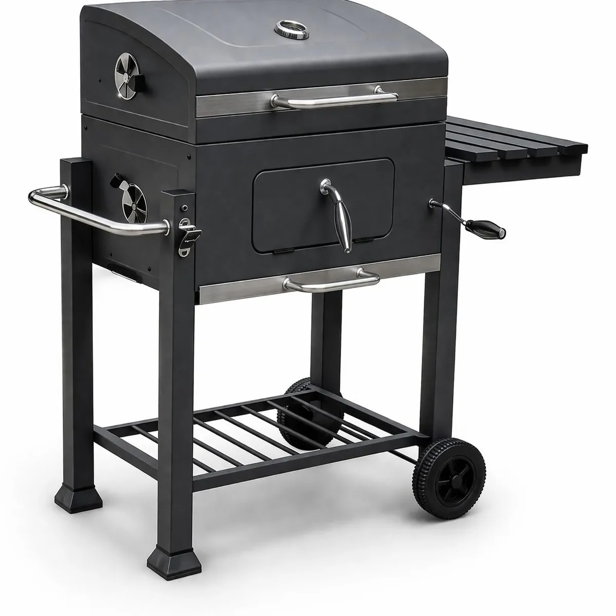 ALTERNATIVE - Parrilla a Carbón Premium con Tapa y Termómetro  Grande, Móvil con Ruedas y Mesa Lateral