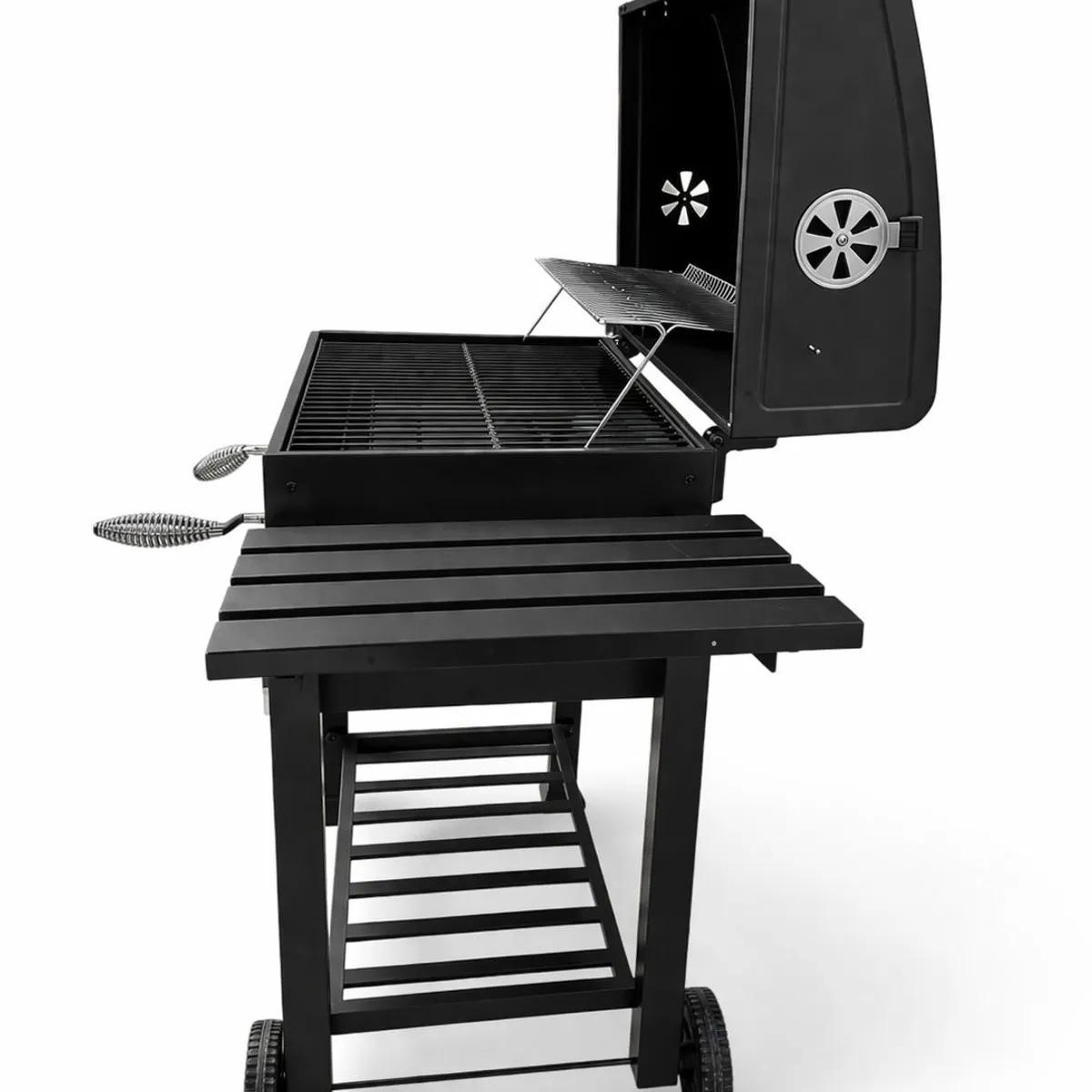 ALTERNATIVE - Parrilla a Carbón Premium con Tapa y Termómetro  Grande, Móvil con Ruedas y Mesa Lateral