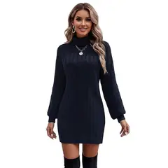 HAMI BOUTIQUE - Vestido Midi de Punto Negro - Cuello Alto y Silueta Ajustada