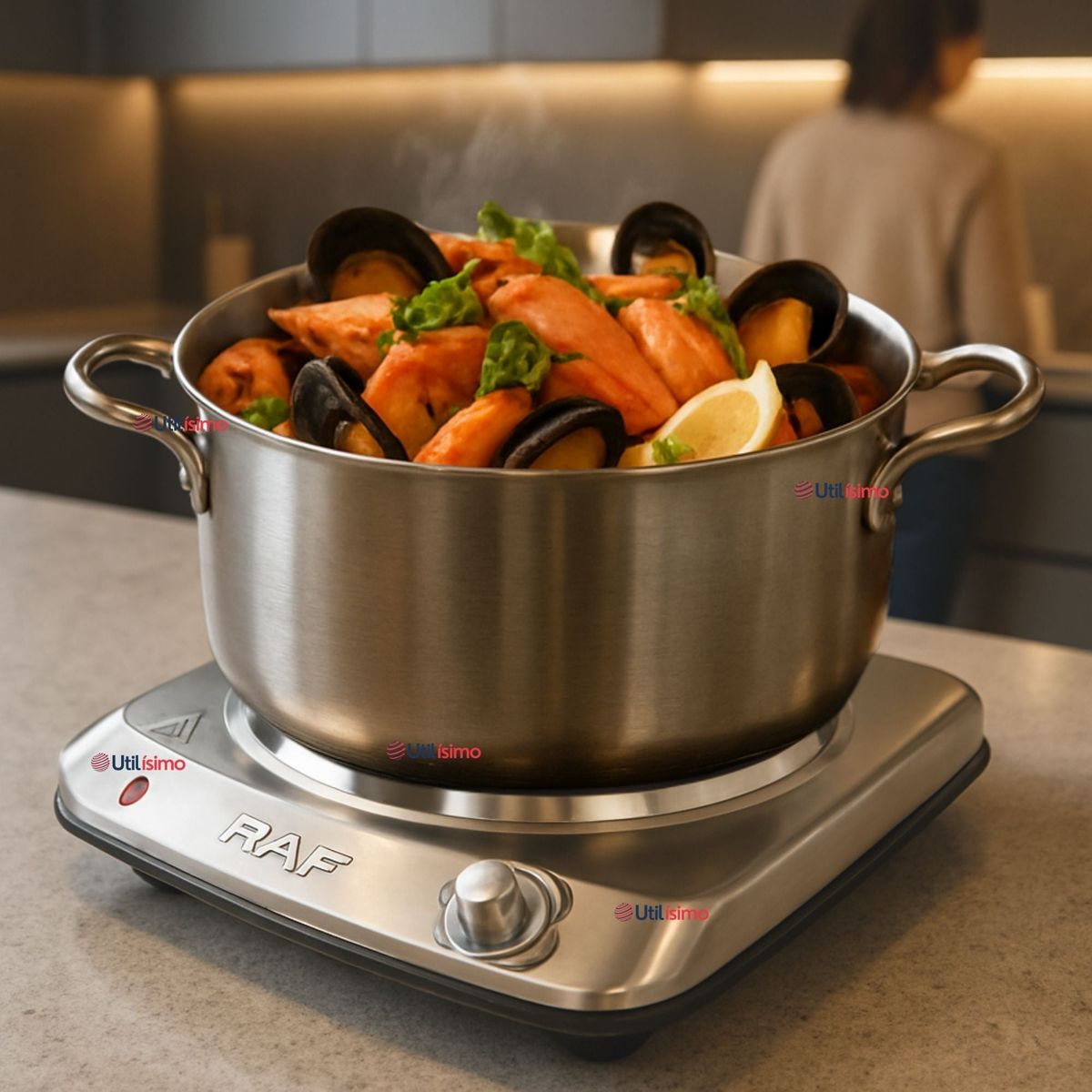 RAF - Cocina Cocinilla Eléctrica 1 Plato Acero Inoxidable Encimera 1000w Plateado