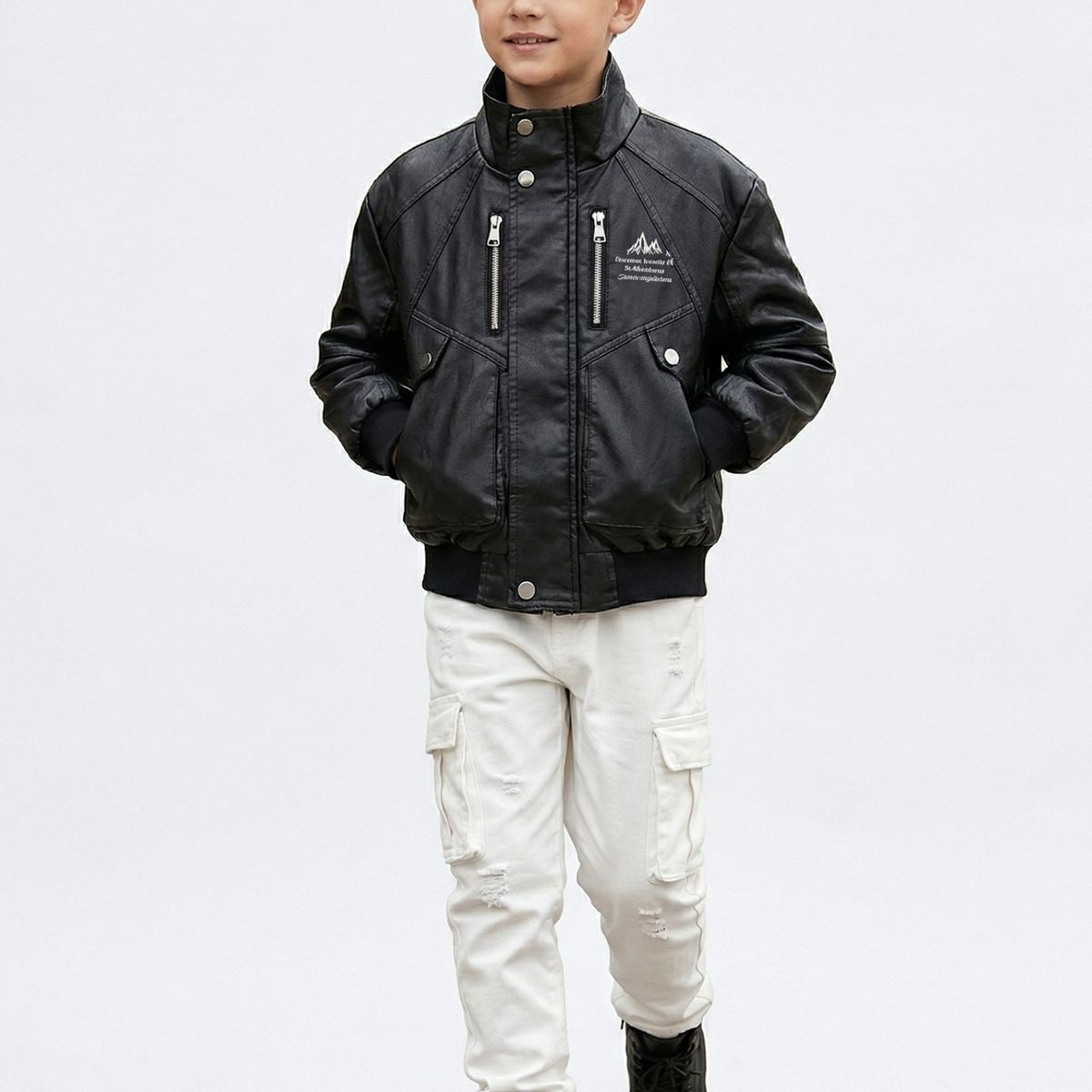KIBOU - Chaqueta Ecocuero Niño Estilo Aviador Biker Invierno Negra