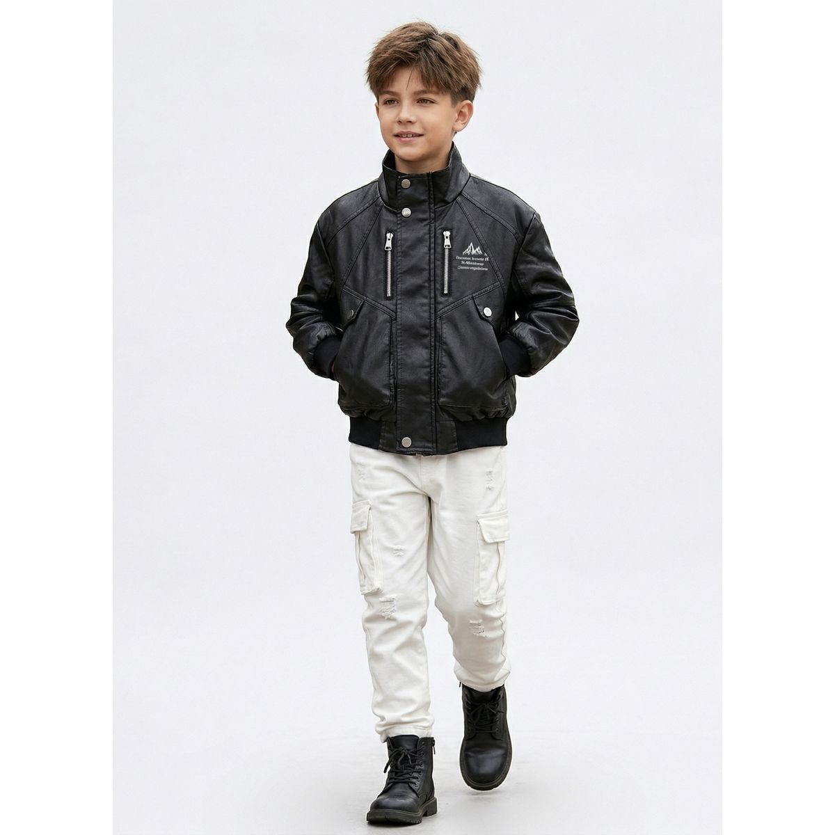 KIBOU - Chaqueta Ecocuero Niño Estilo Aviador Biker Invierno Negra