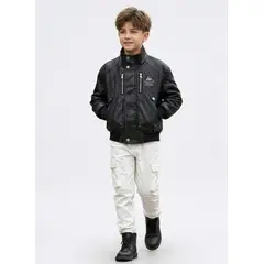 KIBOU - Chaqueta Ecocuero Niño Estilo Aviador Biker Invierno Negra