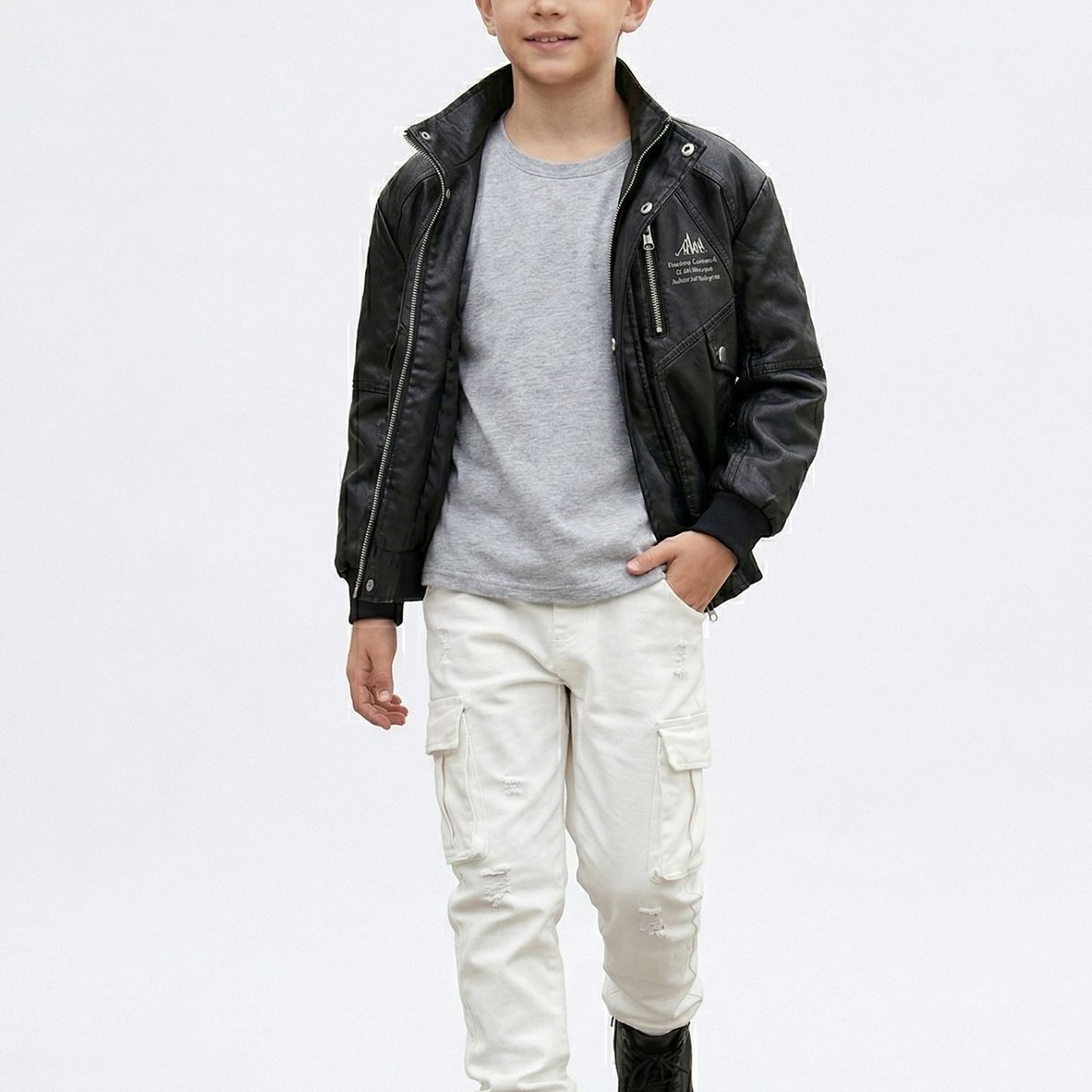 KIBOU - Chaqueta Ecocuero Niño Estilo Aviador Biker Invierno Negra