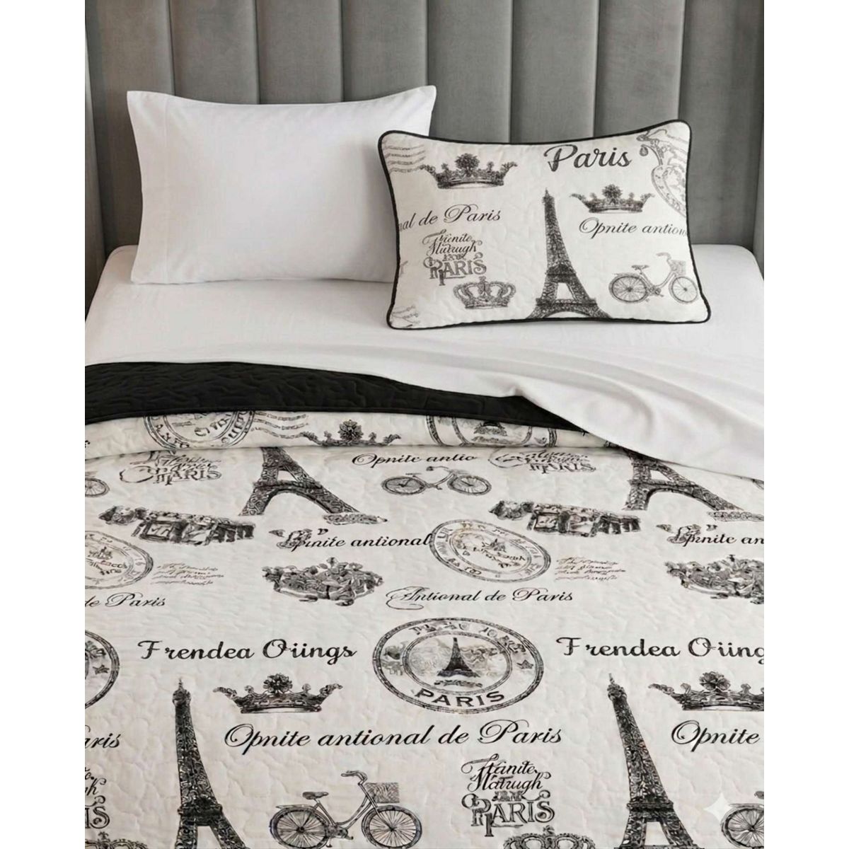 GENERICO - Pack Plaza y Media Quilt de Verano Torre Eiffel + Sábanas Blancas