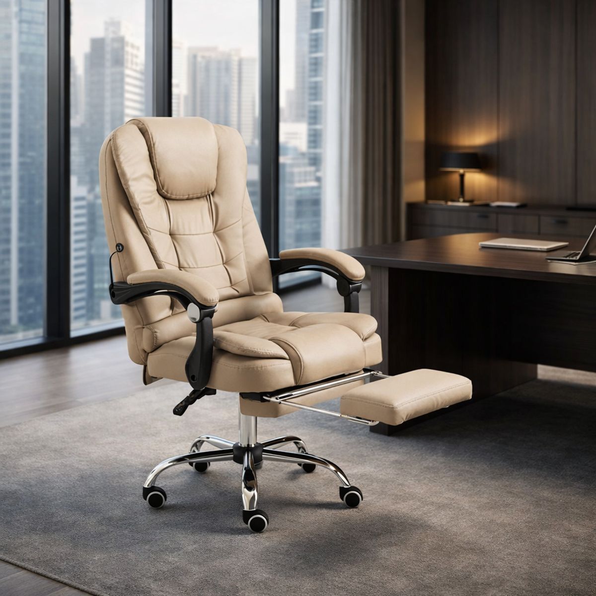 SPACE HOME - Silla Oficina Masajeadora Beige Con USB Y Base Cromada