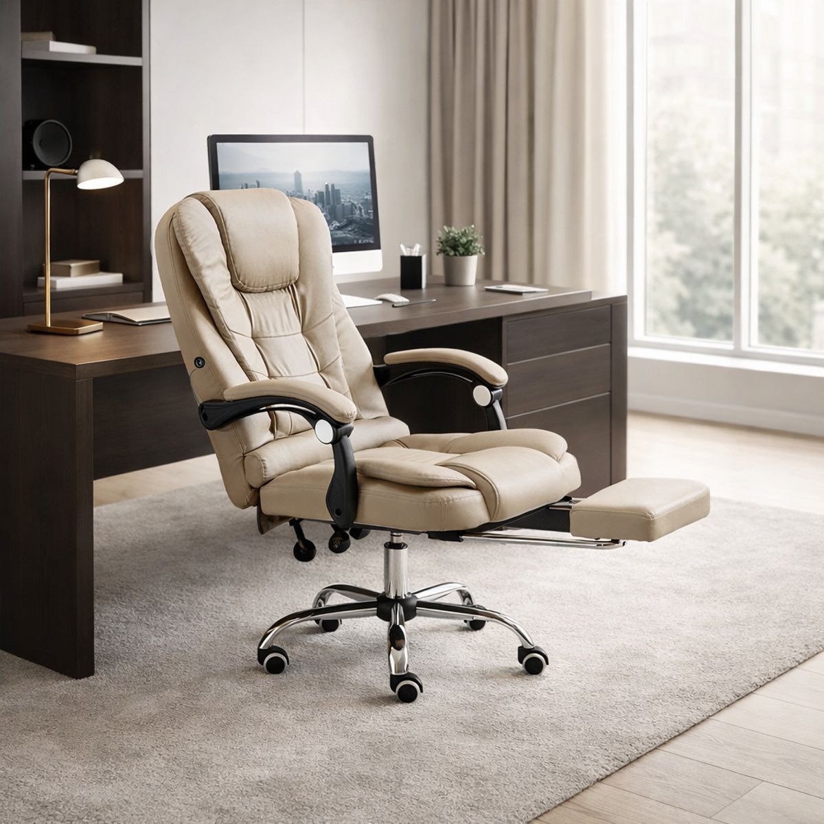 SPACE HOME - Silla Oficina Masajeadora Beige Con USB Y Base Cromada
