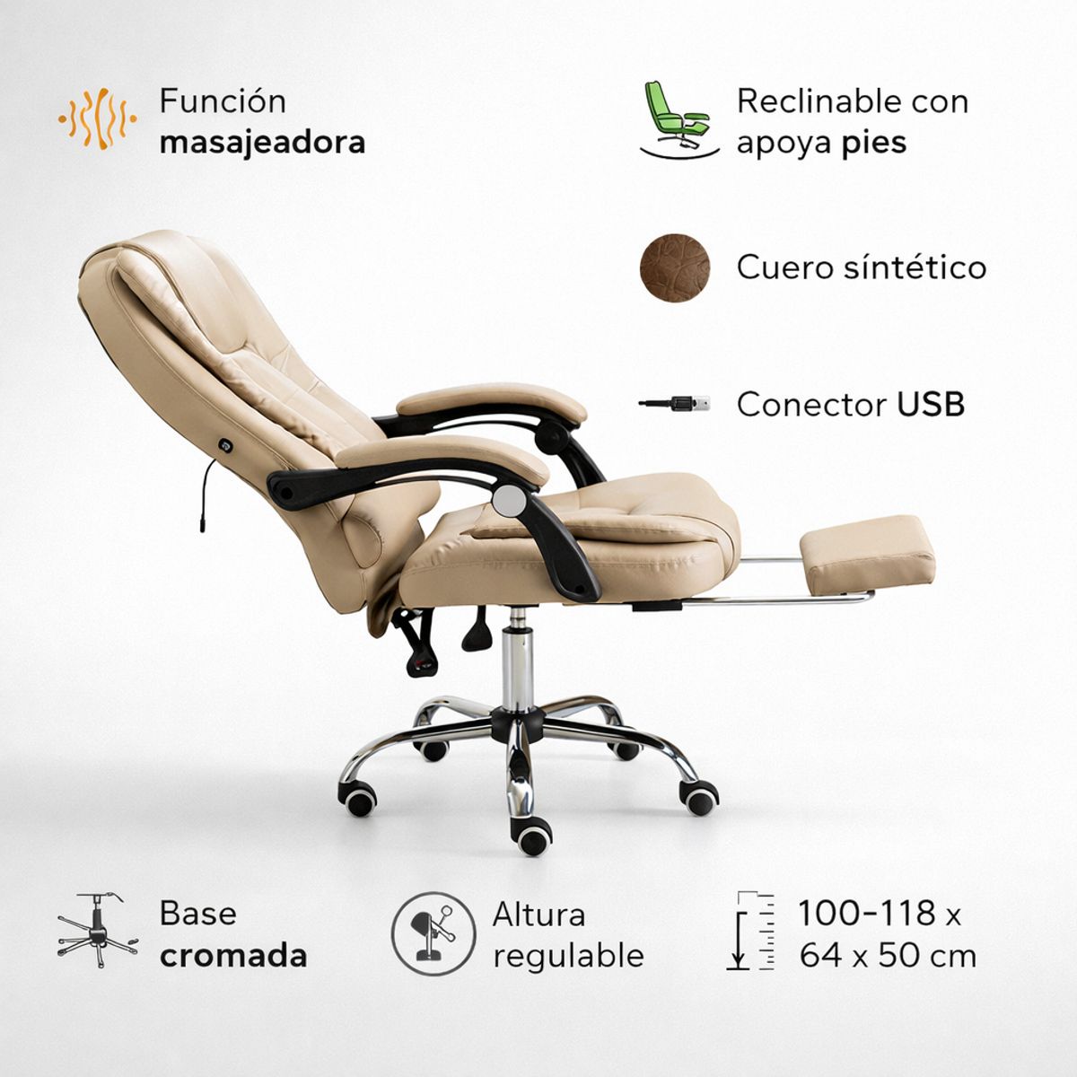 SPACE HOME - Silla Beige Reclinable Con Apoya Pies Para Home Office