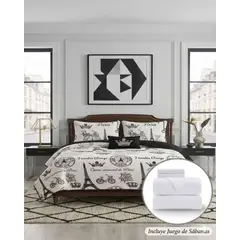GENERICO - Set Dormitorio Plaza y Media Quilt Torre Eiffel y Sábanas Blancas Lisas + 2 Fundas