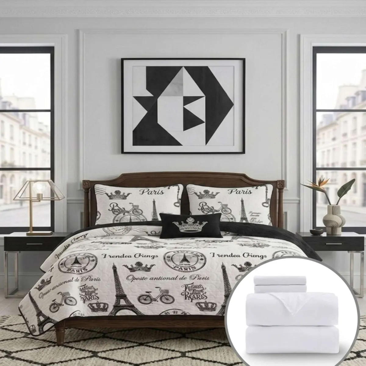GENERICO - Set Dormitorio Plaza y Media Quilt Torre Eiffel y Sábanas Blancas Lisas + 2 Fundas