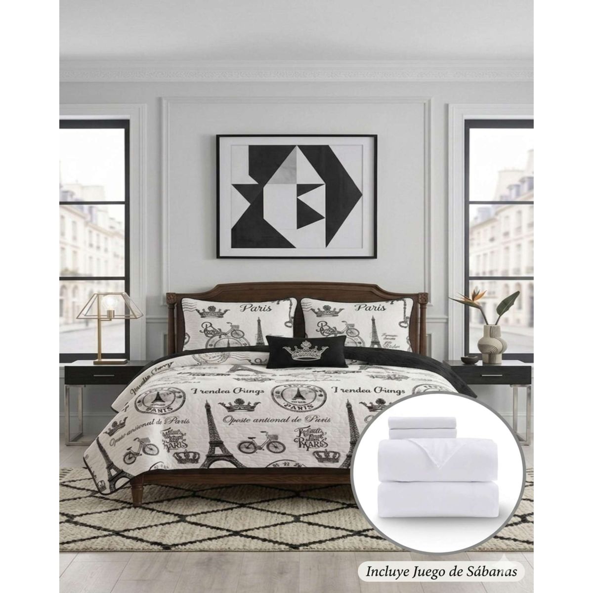 GENERICO - Set Dormitorio Plaza y Media Quilt Torre Eiffel y Sábanas Blancas Lisas + 2 Fundas