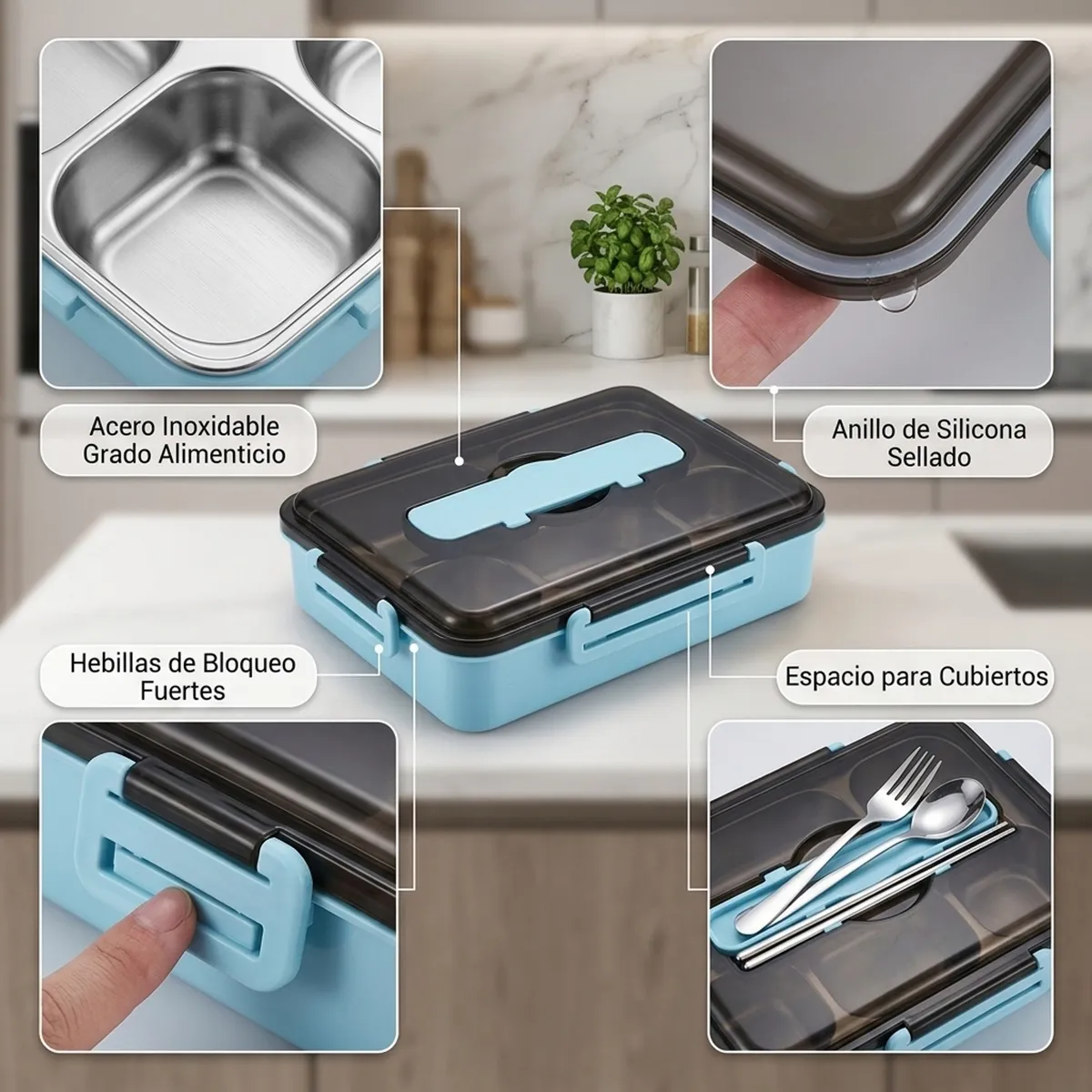 GENERICO - Lonchera de Acero Inoxidable 304 de 5 Compartimentos Azul MAXTOP
