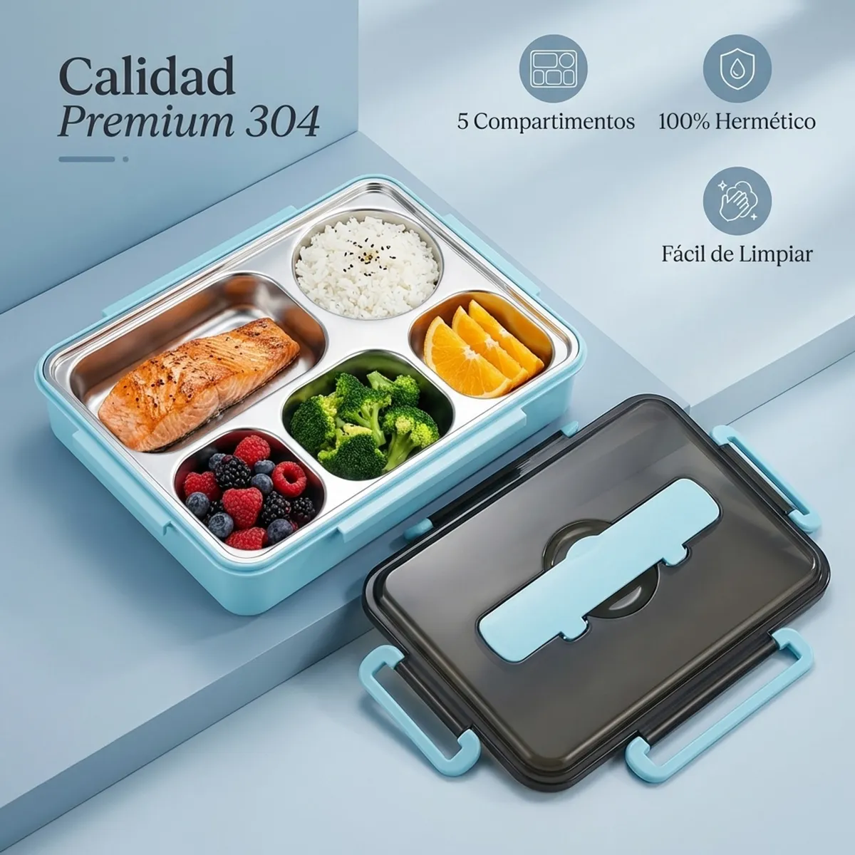 GENERICO - Lonchera de Acero Inoxidable 304 de 5 Compartimentos Azul MAXTOP