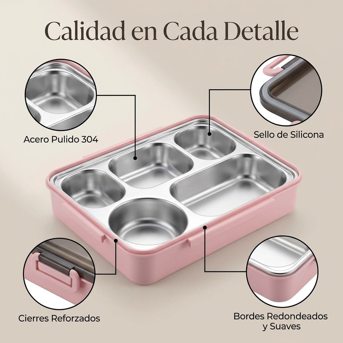 GENERICO - Lonchera de Acero Inoxidable 304 de 5 Compartimentos Rosa MAXTOP
