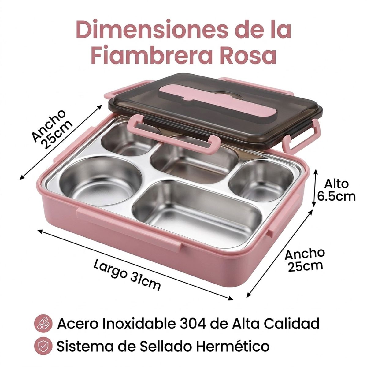 GENERICO - Lonchera de Acero Inoxidable 304 de 5 Compartimentos Rosa MAXTOP