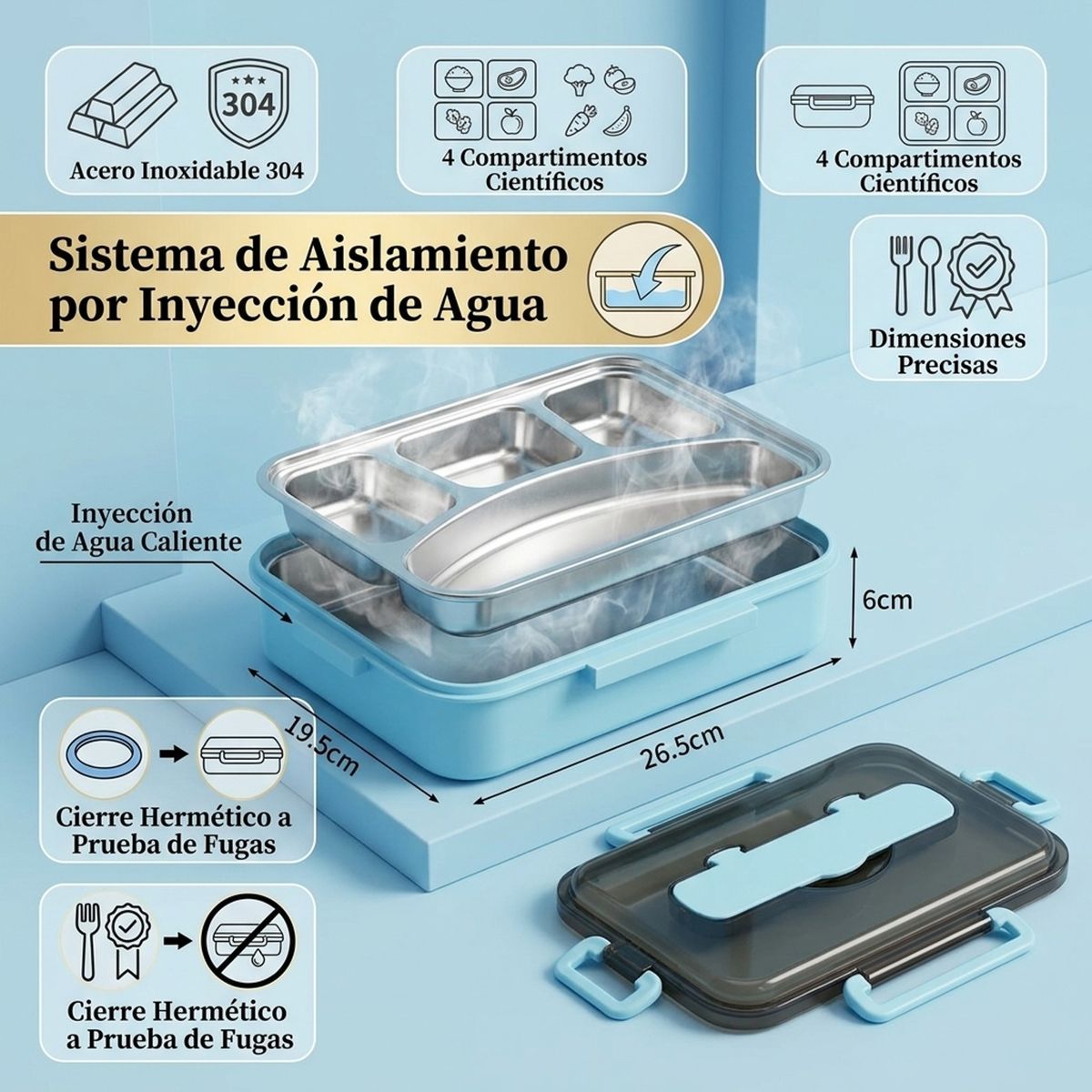 GENERICO - Lonchera de Acero Inoxidable 304 de 4 Compartimentos Azul MAXTOP