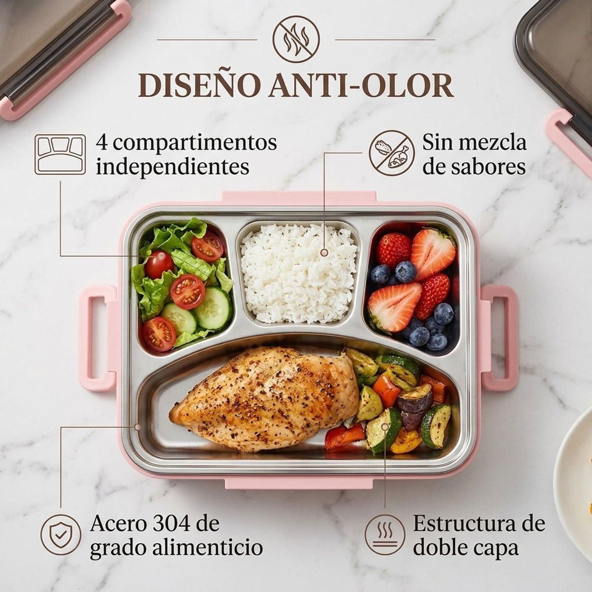 GENERICO - Lonchera de Acero Inoxidable 304 de 4 Compartimentos Rosa MAXTOP