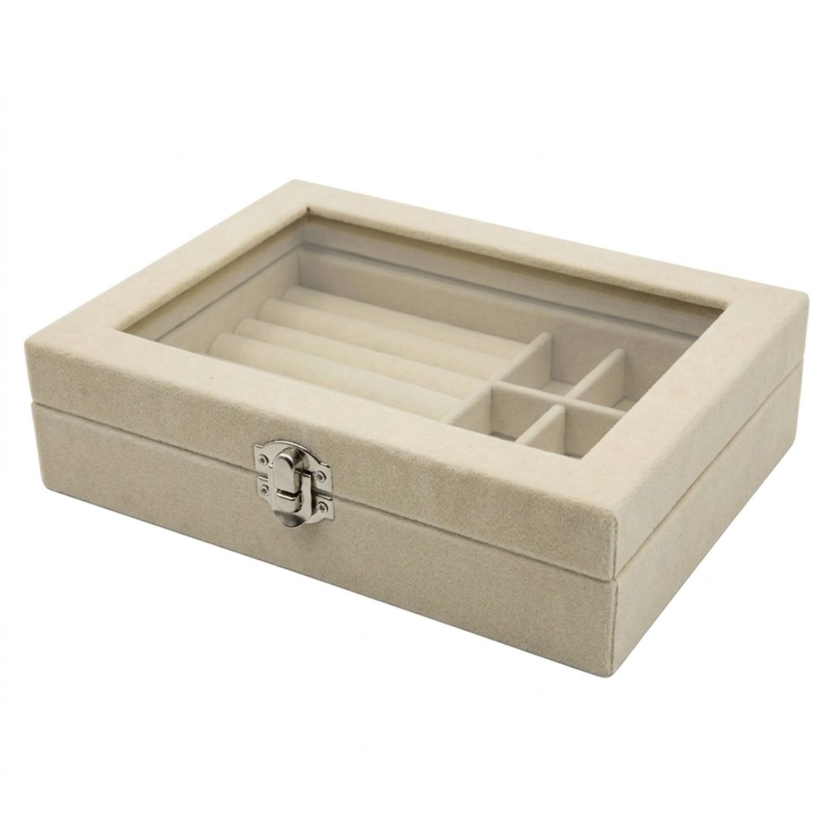 GENERICO - Caja de Almacenamiento de Joyas de Terciopelo con Tapa de Cristal