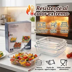 GENERICO - Juego de 3 Fuentes de Vidrio Resistente al Calor para Horno y Microondas