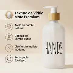 GENERICO - Dispensador de Jabón de Vidrio con Tapa de Bambú, Botella de Manos HANDS