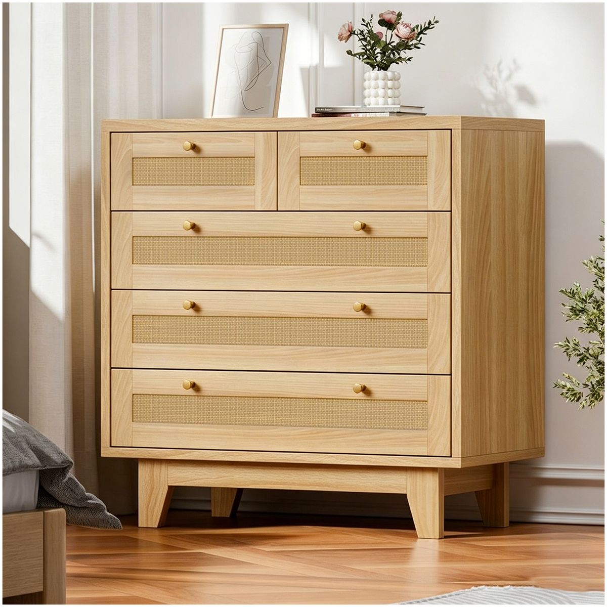 ELEMENT DESIGN - Cómoda Cajonera Bohemio 5 Cajones con Ratán, Mueble Organizador para Dormitorio Element Design