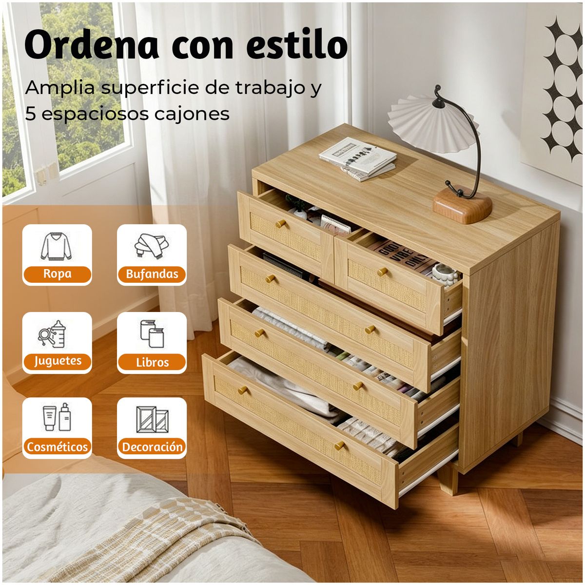 ELEMENT DESIGN - Cómoda Cajonera Bohemio 5 Cajones con Ratán, Mueble Organizador para Dormitorio Element Design