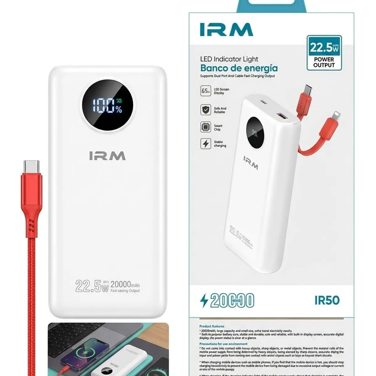IRM - Power Bank IRM 20000mAh 22.5W Carga Ultra Rápida PD + QC 3.0 iPhone Android