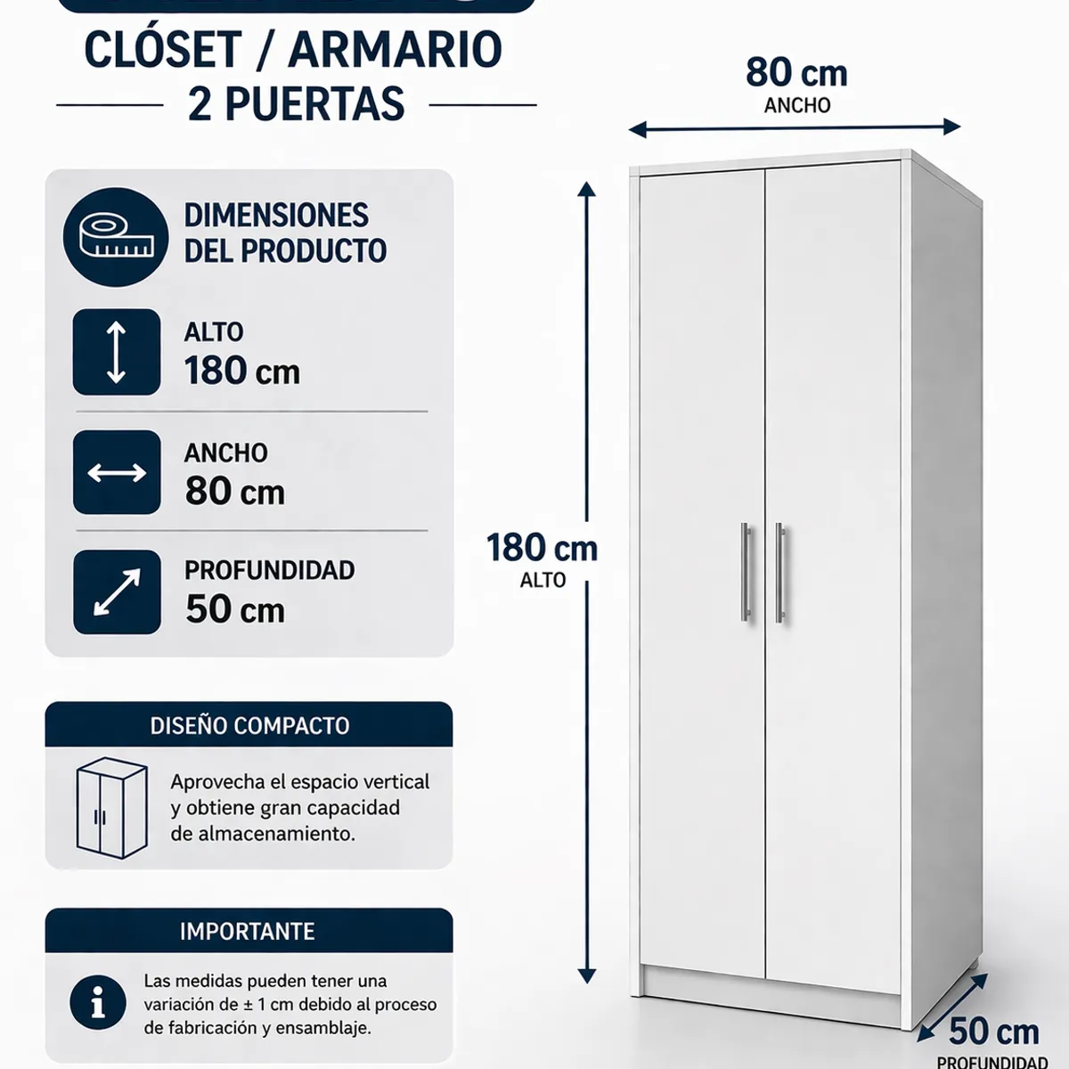 ACTUAL - Clóset Armario Organizador De Ropa 2 Puertas 180x80x50 cm Con Doble Barra Y Repisas Blanco