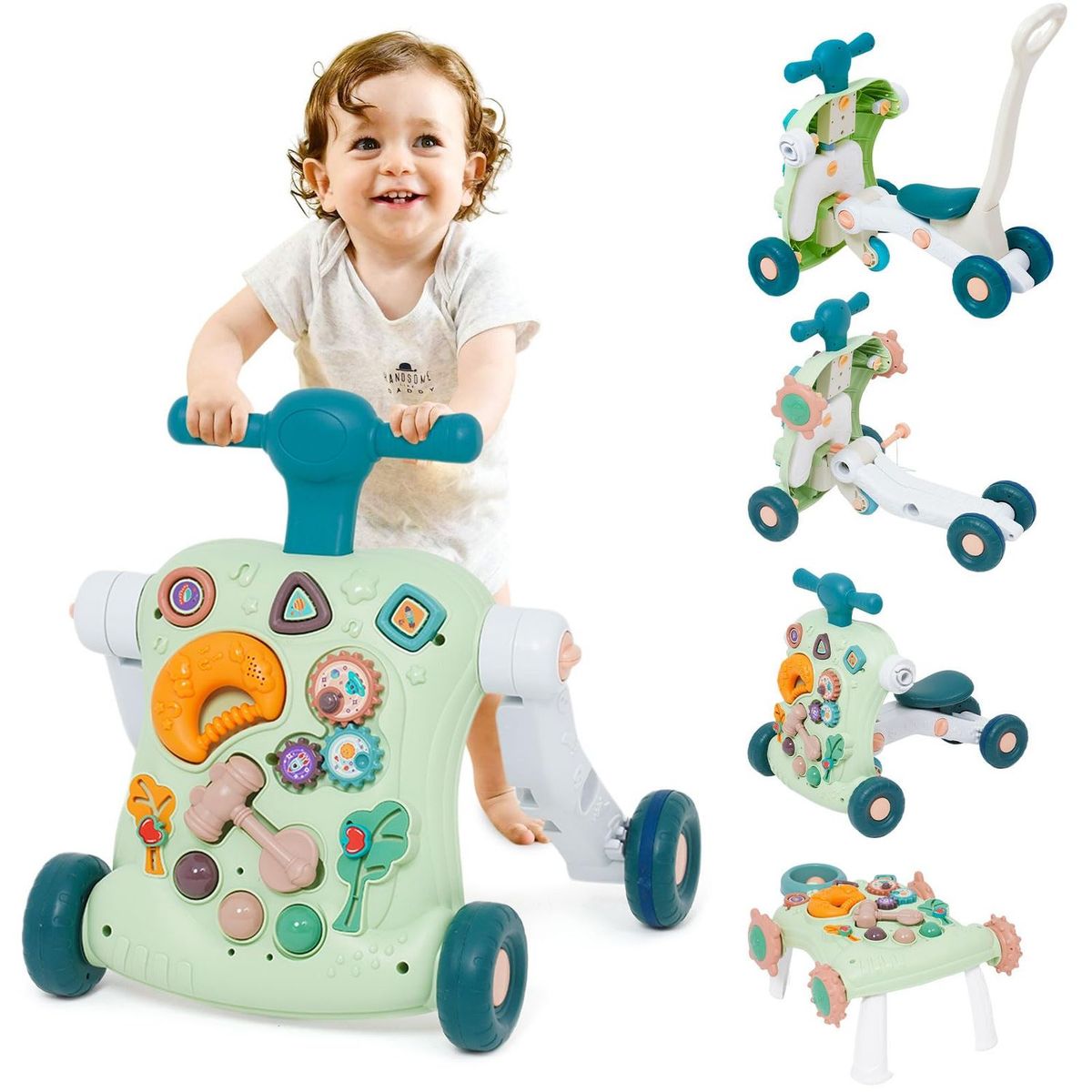 EVERSO - Andadera Musical Con Tablero De Juegos Portátil 6 En 1 Verde