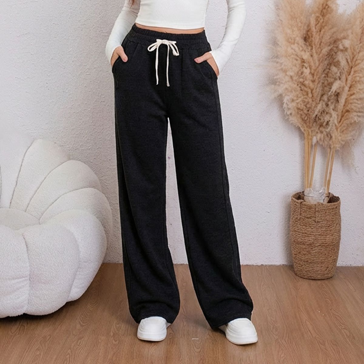 AGW - Pantalón Buzo Térmico Palazzo Algodón Forrado En Polar Tiro Alto