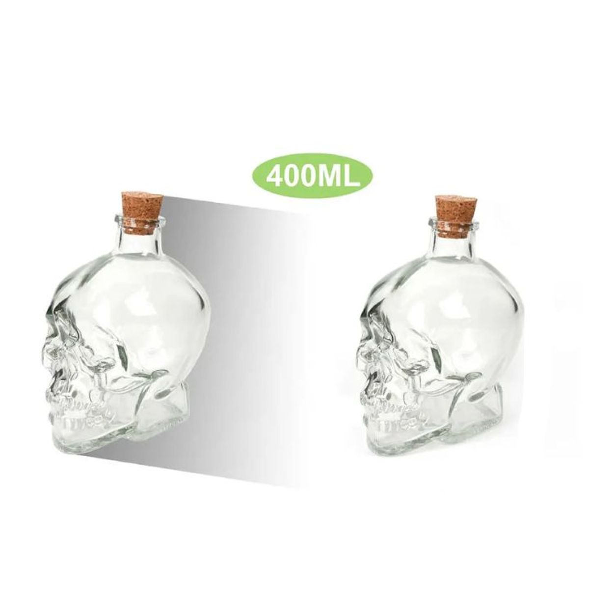 GENERICO - BOTELLA DE VIDRIO FORMA DE CALAVERA 400ML TAPA DE CORCHO 13x8cm