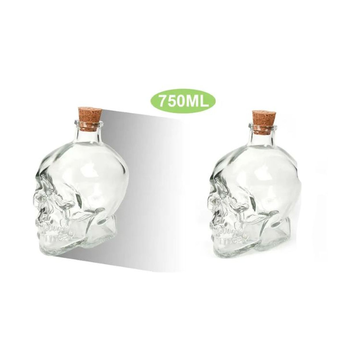GENERICO - BOTELLA DE VIDRIO FORMA DE CALAVERA 750ML TAPA DE CORCHO 18x11cm